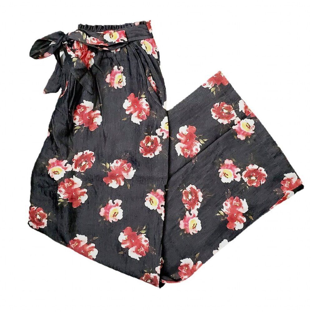 NEW M LuLaRoe Denim Chambray Gray Red Floral Pants Drawstring Paper Bag Dianne